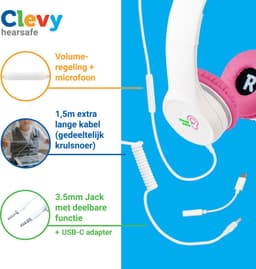 Clevy Hearsafe (Max 85 dB) - Koptelefoon voor kinderen met case en USB-C adapter - Roze - Ontworpen voor de schoolklas - Kids Headphone - Headset — thumbnail 2