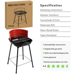 Cheqo® Houtskool Barbecue RVS - Houtskoolbarbecue - Verstelbaar Rooster - Ronde BBQ Rood/Zwart — thumbnail 4