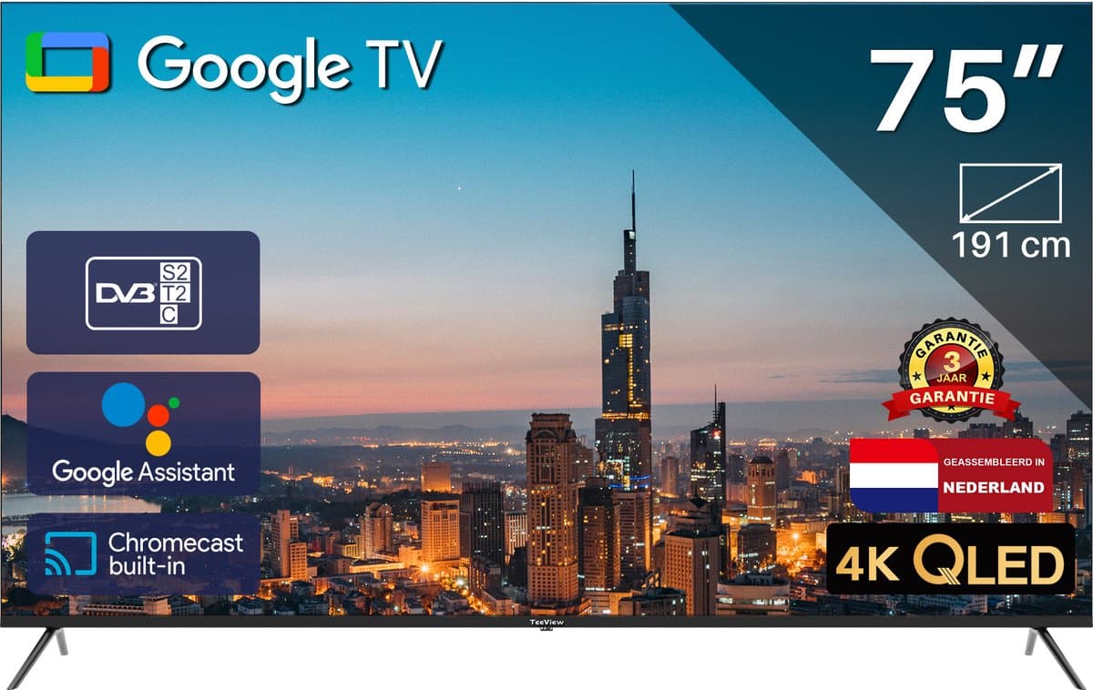 TeeView Google Smart TV - QLED 4K - 75 inch/191 cm - Frameless Design - Tripple Tuner DVB-T/T2/S/S2/C - HDMI x3, USB x2, CI+ - Voice Controle & Streaming apps - In Eindhoven geassembleerd - TV75QQG-EU — afbeelding 1