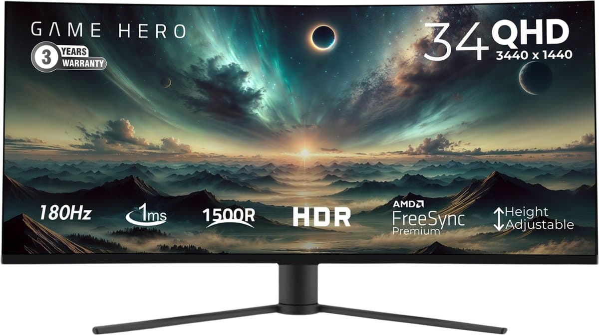 GAME HERO® 34 inch QHD VA Curved Monitor - Gaming Monitor - 180hz Monitor - 1ms — afbeelding 1