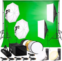 Pixetool Green screen 3 x 3M met Achtergrondsysteem 2,6 x 3M – Fotostudio Set – Greenscreen Set – Inclusief, Softbox, Paraplu’s, Lamphouders, LED lampen, Reflectiescherm & Draagtas - Vaderdag Cadeau — thumbnail 1