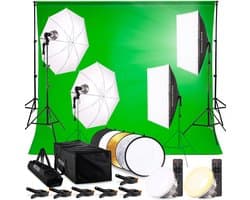 Pixetool Green screen 3 x 3M met Achtergrondsysteem 2,6 x 3M – Fotostudio Set – Greenscreen Set – Inclusief, Softbox, Paraplu’s, Lamphouders, LED lampen, Reflectiescherm & Draagtas - Vaderdag Cadeau