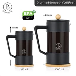 French Press Koffiezetapparaat van borosilicaatglas zwart met bamboe-elementen - inclusief cliplepel van roestvrij staal, reinigingsborstel en 2 reservefilters - voor 6 kopjes 1 liter — thumbnail 3