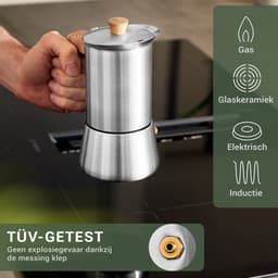 WALDWERK espressomachine (300ml) - inductie-espressomachine geschikt voor alle soorten kachels - Percolator mokkapot van roestvrij staal met houten handvat van echt eikenhout — thumbnail 3