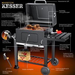 KESSER® Houtskoolbarbecue XL Barbeque Houtskool met Deksel, Wielen, Roestvrij Stalen Handvat, Barbecuerooster en Thermometer, 8 Spiesen met Zakje & siliconen Borstel, grote BBQ Camping Terras Tuin — thumbnail 4