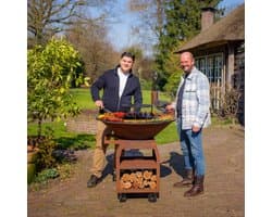 RJRoyal Living BBQ Plancha Grill Maestro XXXL Ø100cm Cortenstaal - Met Grote wielen en houtopslag vuurschaal 100cm stalen bakplaat