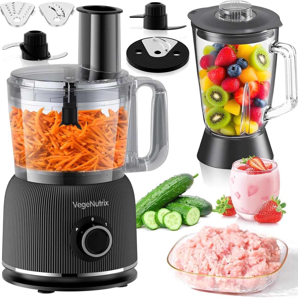 Krachtige Keukenmachine met Blender en Hakmolen - 1500W RVS Mixer met Glazen Kan — afbeelding 1