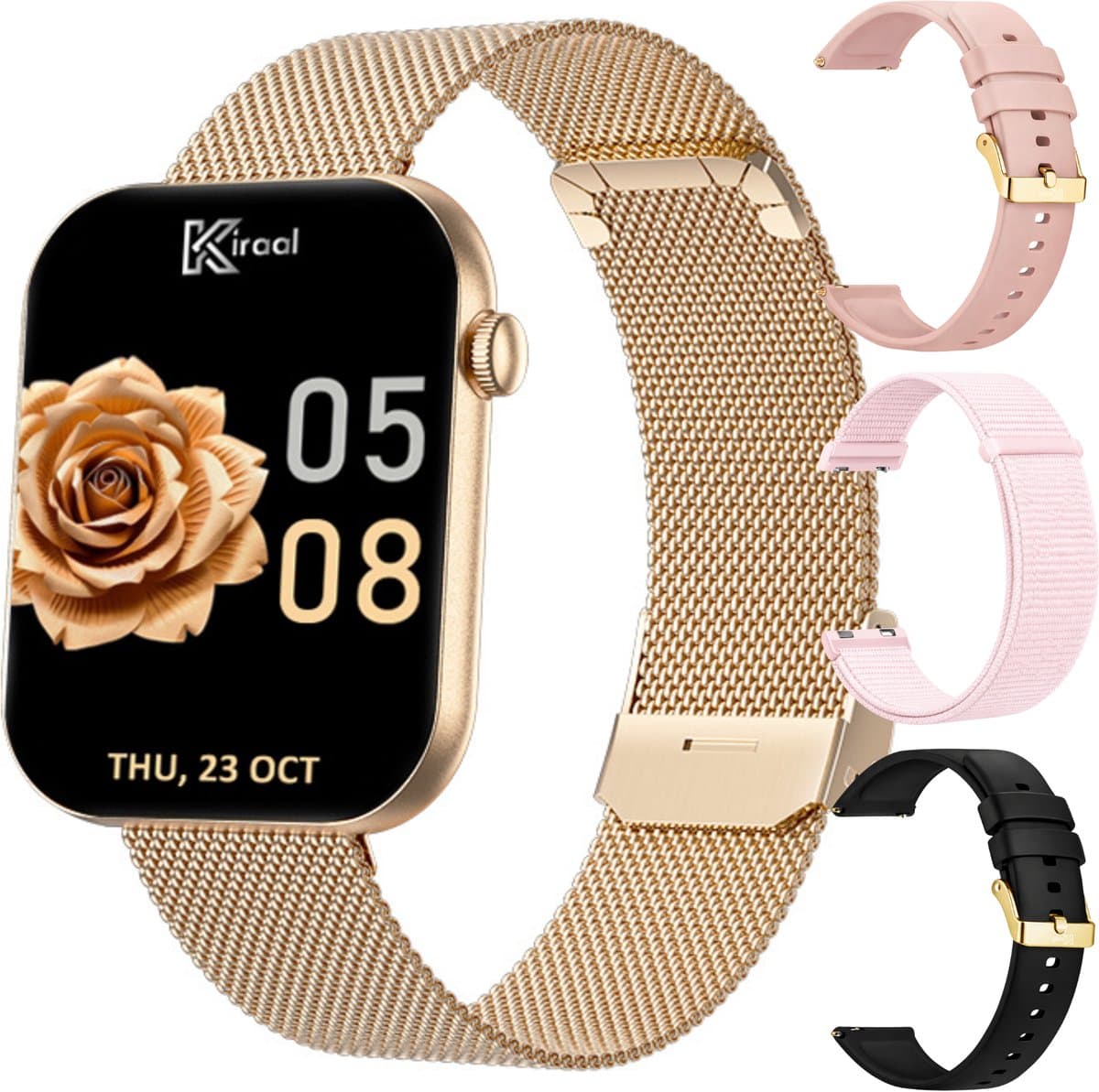 Kiraal Aura AMOLED Smartwatch voor Dames – 4 Bandjes (RVS, Nylon & 2x Siliconen) – Hartslagmeter – Stappenteller – Slaapmonitor – Multisport – Compatibel met Android & iOS – Rosé Goud en Roze — afbeelding 1