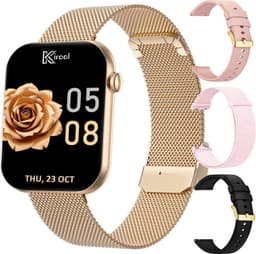 Kiraal Aura AMOLED Smartwatch voor Dames – 4 Bandjes (RVS, Nylon & 2x Siliconen) – Hartslagmeter – Stappenteller – Slaapmonitor – Multisport – Compatibel met Android & iOS – Rosé Goud en Roze — thumbnail 1