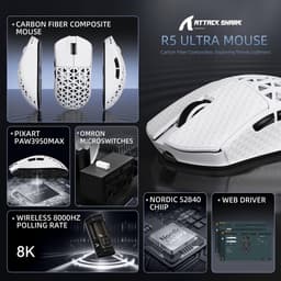 ATTACK SHARK R5 Ultra - Draadloze Gaming Muis - PAW3950 MAX - Koolstof Element - Ultralichte(39g) - Wired/2.4G/BT - 42000DPI - 8Khz - Wit — thumbnail 2