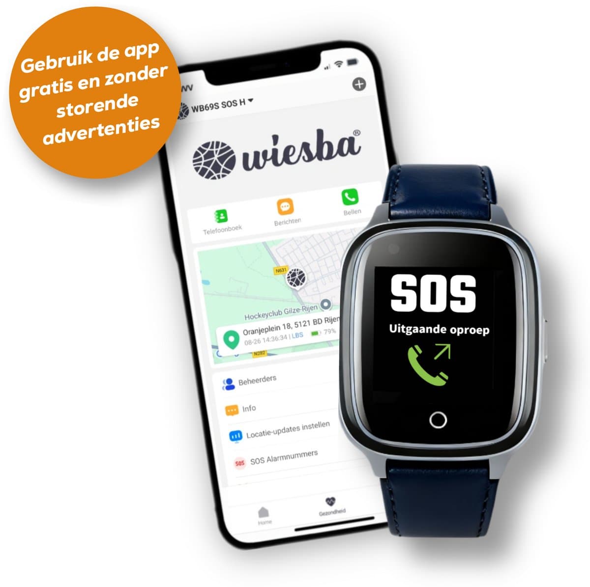 Wiesba WB34S - GPS Horloge Senior - Smartwatch voor Ouderen - Persoonlijke alarmen - alarm horloge ouderen - GPS Horloge Alzheimer - Valdetectie - Personenalarmering met SOS knop Alarmknop - Blauw — afbeelding 1
