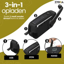 Zybra® Draagbare Noodradio - Powerbank 2000 mAh - Zaklamp - Solar opwindbaar - SOS alarm - USB-C kabel - Noodpakket - Kunststof - Zwart — thumbnail 5