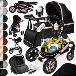 KESSER® Kinderwagen 3 in 1 Loops Wandelwagen Set incl. Autostoel & Reiswieg & Buggy Sportzitje - Massieve Rubberbanden - Luiertas / Regenhoes - Zwart / Roségoud — thumbnail 1