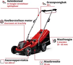Einhell Accu Grasmaaier GE-CM 18/33 Li Kit - Power X-Change - 18 V/Li-Ion - Maaibreedte: 33 cm - Aanbevolen gazonoppervlakte: tot 200 m² - 30 L opvangzak - Maaihoogte: 25-65 mm - Incl. 4.0 Ah Accu en lader — thumbnail 2