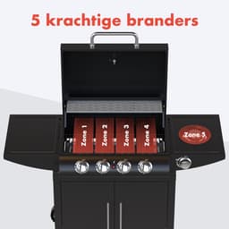 KitchenBrothers Gas BBQ - Gasbarbecue met zijbrander - 5 Branders - PFAS Vrij - Met Gasaansluiting - 42x57cm Grilloppervlak - Extra Opbergruimte - Vaderdag Cadeau - Zwart — thumbnail 3