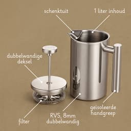 French press - cafetiere / theepot met filter - dubbelwandig RVS met theefilter voor losse thee of gemalen koffie - 1 liter — thumbnail 3