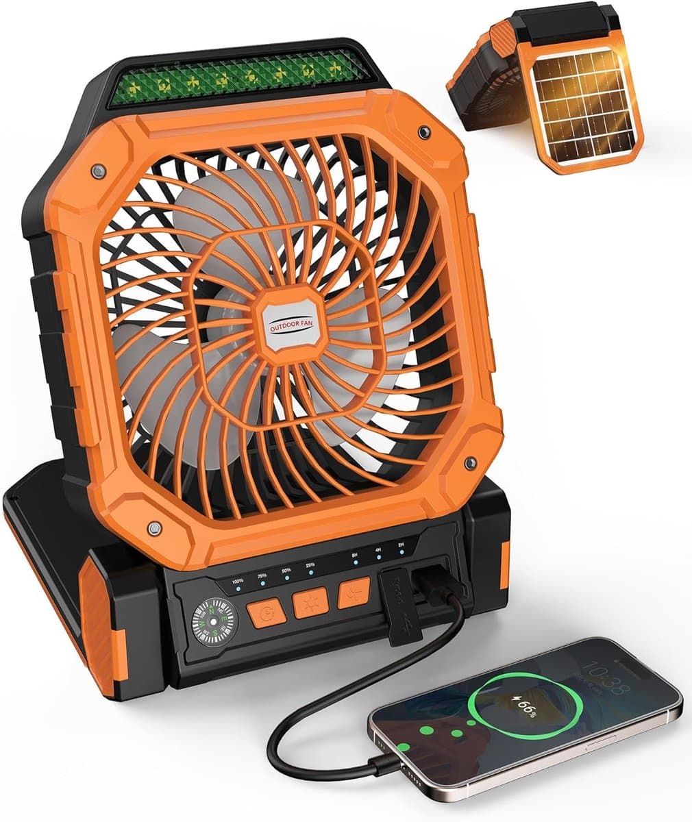Solar Ventilator Met Oplaadbare Batterij - 4 Standen + LED Zaklamp - Met Afstandsbediening & Timer (2/4/8u) - USB-C/Zonne-energie - Compact Camping Design - Oranje — afbeelding 1