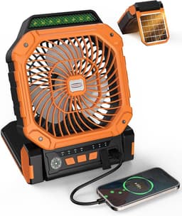 Solar Ventilator Met Oplaadbare Batterij - 4 Standen + LED Zaklamp - Met Afstandsbediening & Timer (2/4/8u) - USB-C/Zonne-energie - Compact Camping Design - Oranje — thumbnail 1
