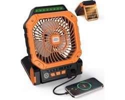 Solar Ventilator Met Oplaadbare Batterij - 4 Standen + LED Zaklamp - Met Afstandsbediening & Timer (2/4/8u) - USB-C/Zonne-energie - Compact Camping Design - Oranje