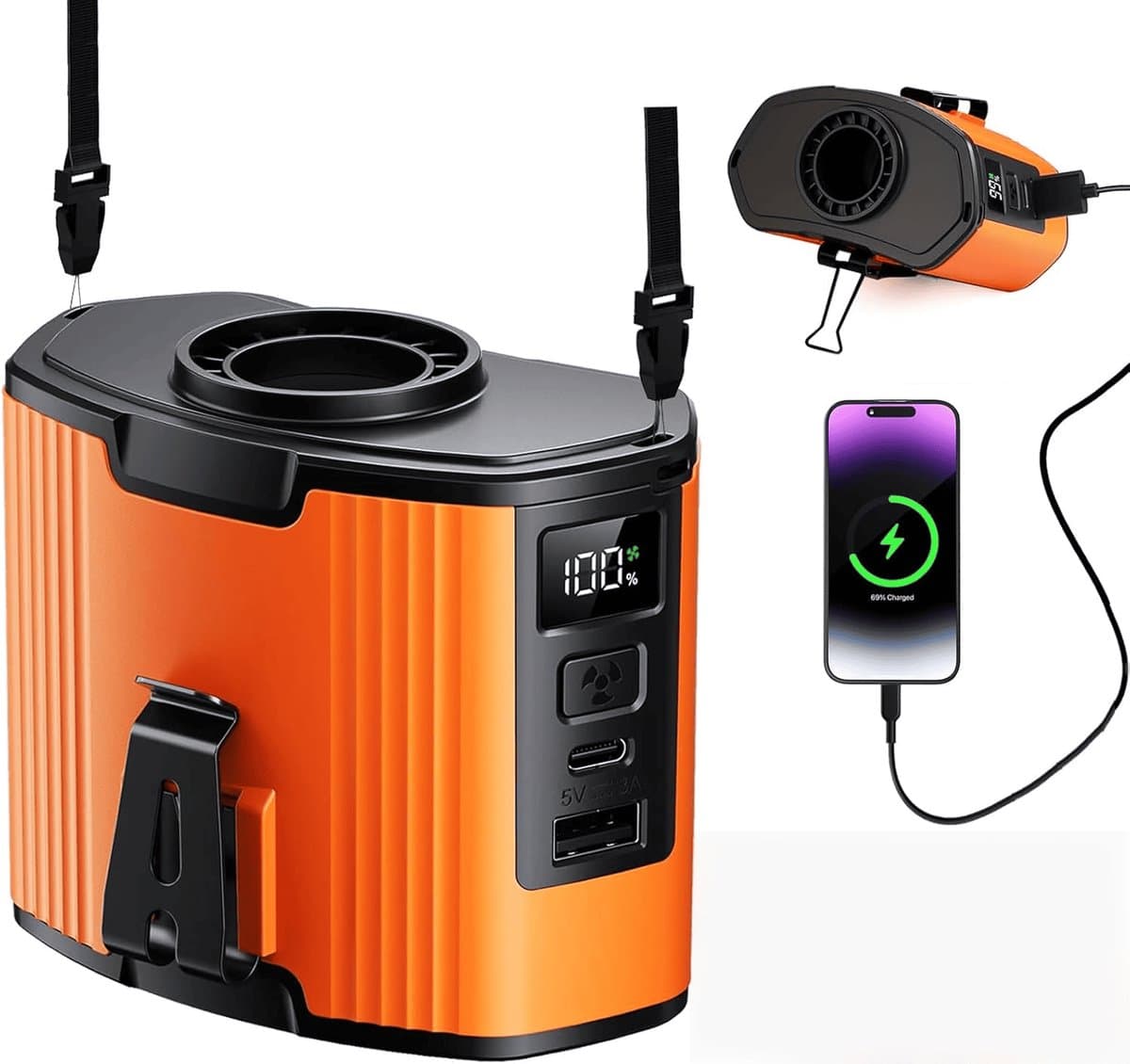 Draagbare heupventilator, 10-snelheden turbomotor, draagbare lichaamsventilator, 130° brede luchtstroom, oplaadbare riemventilator met clip, 40 uur gebruiksduur, draagbare nekventilator voor buiten, kamperen, op de werkplek en op reis — afbeelding 1
