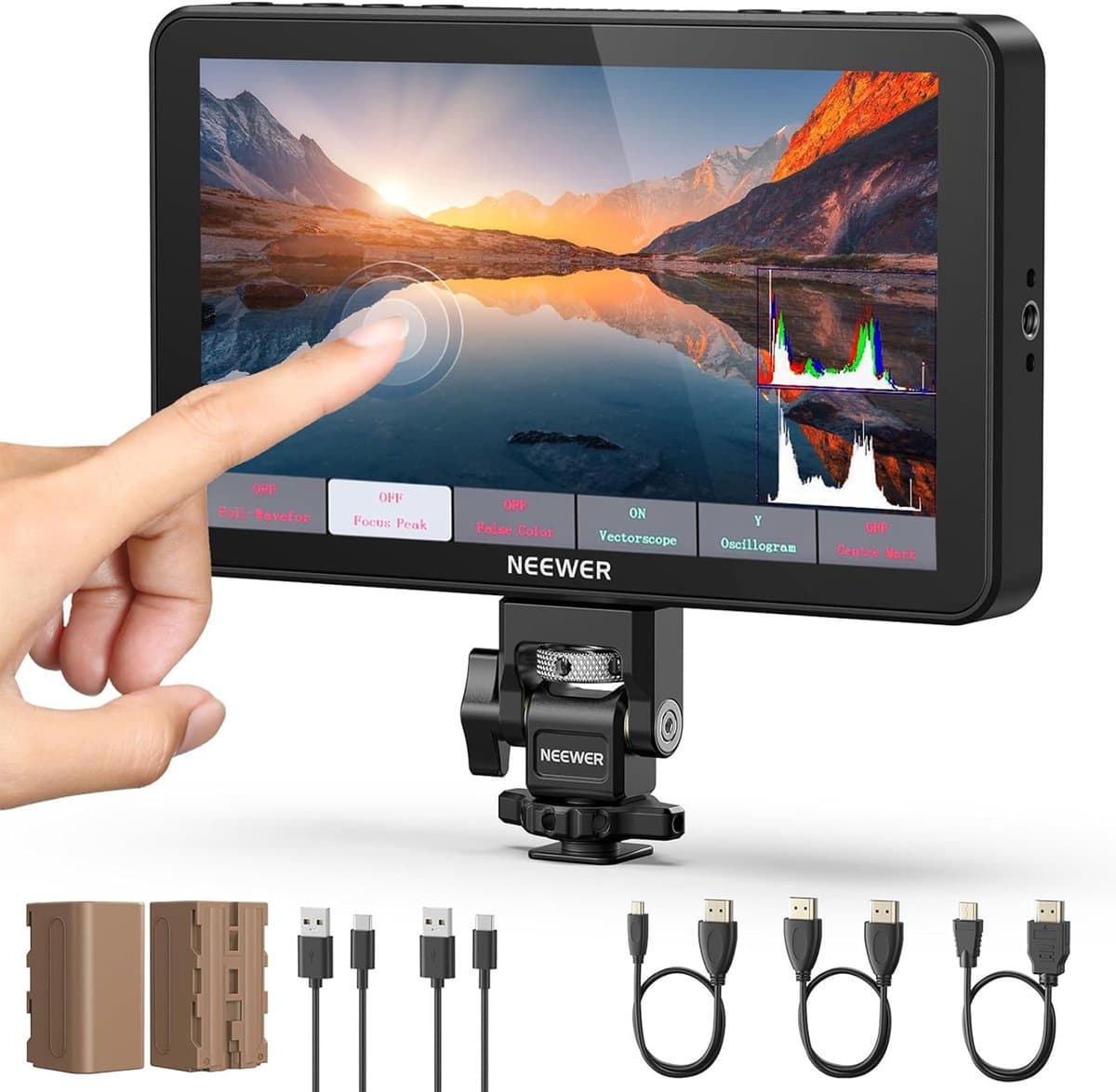NEEWER F700 7" cameramonitor, 2000 nit HD 1920 x 1080 IPS-touchscreen met 3D LUT, 4K HDMI-loop-in/uit met Peak Focus DSLR Video Assist HDR-golfvorm, cold shoe-bevestiging, 2 NP-F750-accu's en kabels — afbeelding 1