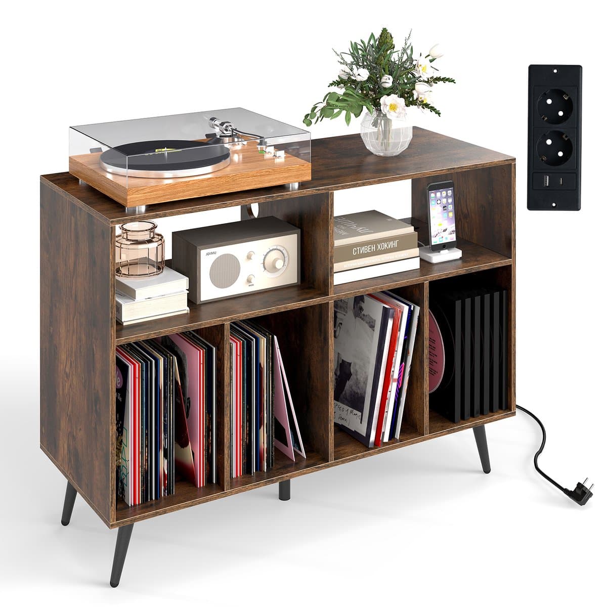 COSTWAY Draaitafel standaard met laadstation, draaitafel met vinyl opbergplanken, platenopbergtafel incl. 5 metalen poten, dressoir voor woonkamer, muziekkamer (bruin) — afbeelding 1