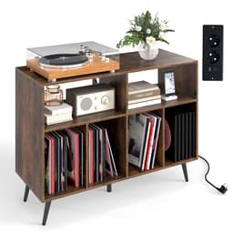 COSTWAY Draaitafel standaard met laadstation, draaitafel met vinyl opbergplanken, platenopbergtafel incl. 5 metalen poten, dressoir voor woonkamer, muziekkamer (bruin) — thumbnail 1