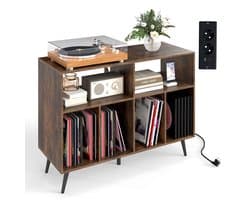 COSTWAY Draaitafel standaard met laadstation, draaitafel met vinyl opbergplanken, platenopbergtafel incl. 5 metalen poten, dressoir voor woonkamer, muziekkamer (bruin)