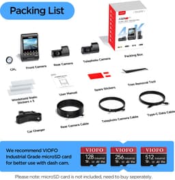 VIOFO A329T 3CH - 4K 60FPS Dashcam - Inclusief CPL filter, achtercamera en telelens - 2025 — thumbnail 4
