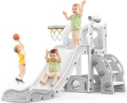 Kinderglijbaan, grote peuterglijbaan met basketbalhoepel, glijbanen voor peuters van 1-3 jaar, peuterglijbanen, speelset met opbergruimte, speelgoed voor binnen en buiten voor peuters van 1-3 — thumbnail 1