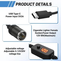 Adapter USB C naar Sigarettenaansteker 1,2m - LED Voltmeter - Instelbare Voltage 5V/9V/12V - Voor GPS en Dashcam - Vemera — thumbnail 2