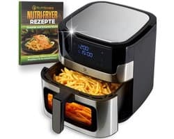 Heteluchtfriteuse RVS XXL 8L, 2000W, Airfryer roestvrij staal met LED Touch Display, Double Heating technologie, kijkvenster, vetarme frietfriteuse zonder olie incl. recepten