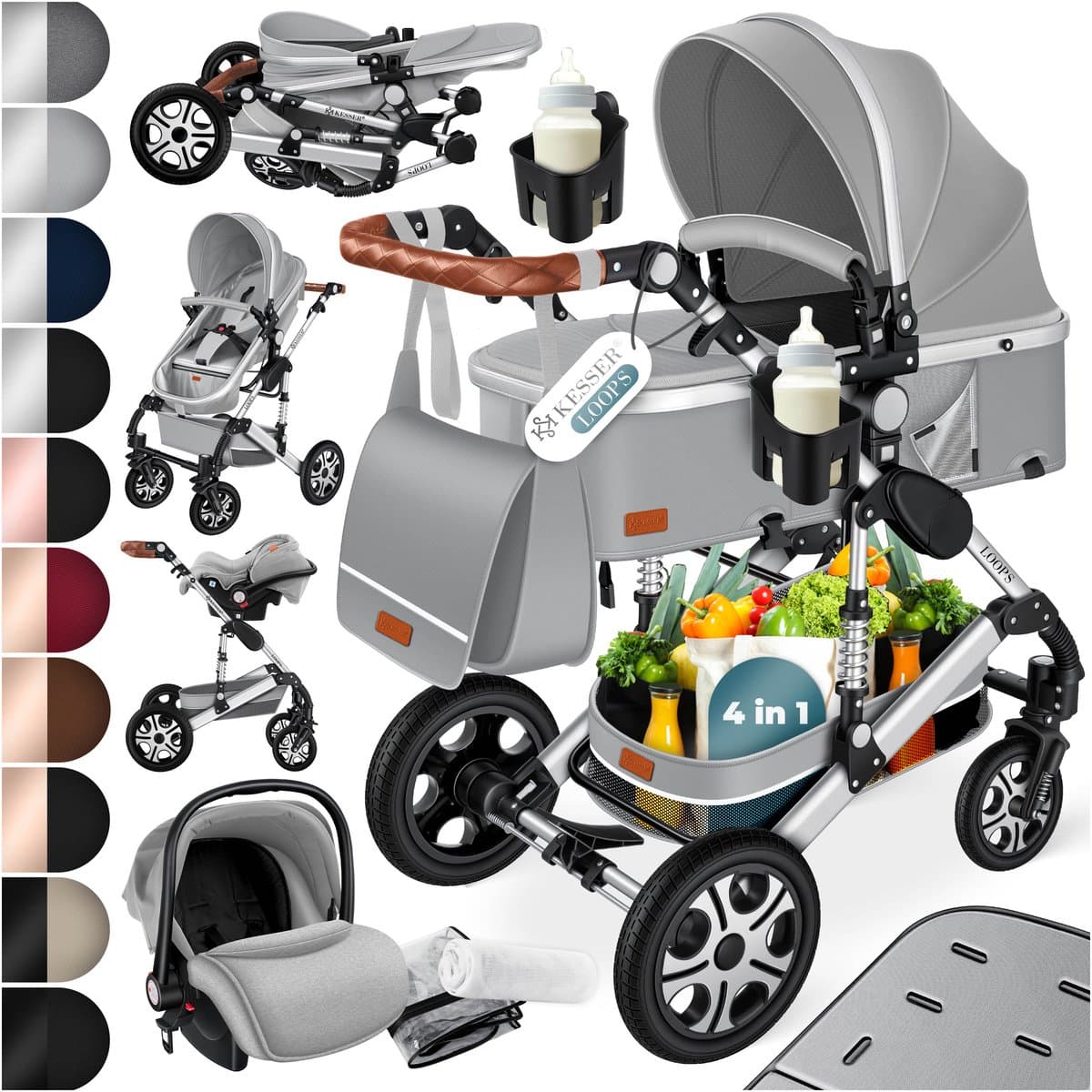 KESSER® Kinderwagen 3 in 1 Loops Wandelwagen Set incl. Autostoel & Reiswieg & Buggy Sportzitje - Massieve Rubberbanden - Luiertas / Regenhoes - Grijs / Zilver — afbeelding 1