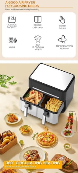 Airfryer met Dubbele Lade - Hete Lucht Oven - Gezond Koken - Twee Gerechten Tegelijk - 12 Liter — thumbnail 5
