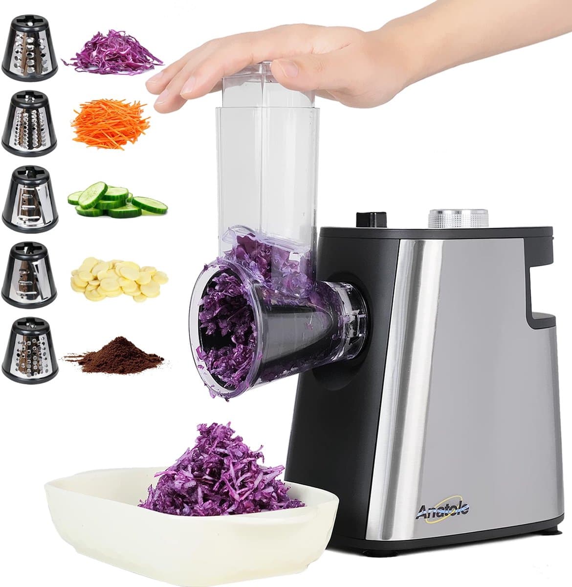 SnelShoppen - Elektrische Kaasrasp Versnipperaar 250W Roestvrij Staal Automatische Groentehakselaar Professionele Salademaker Keukenmachine met 5 Mess — afbeelding 1