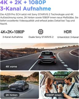 Dashcam voor auto - Zwart - 3 camera's 4K + 2K + 1080p - Dual Starvis 2 Sensoren met HDR en Nachtzicht - Met GPS en Spraakbesturing — thumbnail 2