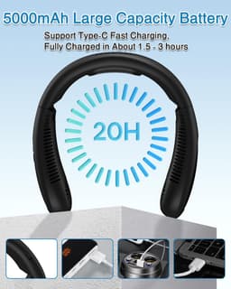 Ventilator - Nekventilator met koelplaat - 360 graden koeling - 5000mAh oplaadbaar - USB - Bladloos en opvouwbaar - Handsfree draagbaar - Zwart — thumbnail 3