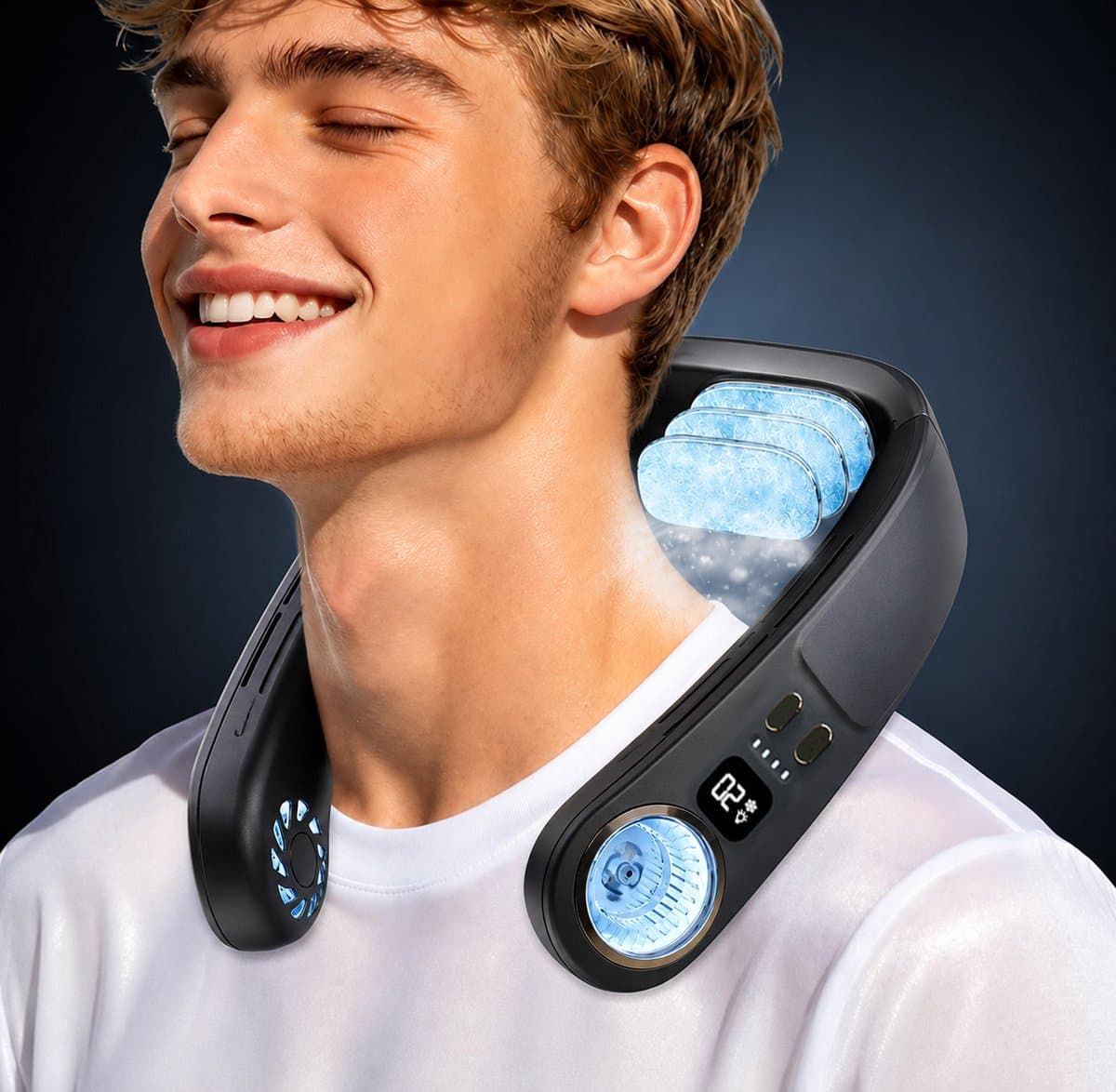 Nekventilator met TEC Koeling 4000mAh Zwart – Draagbare Bladloze Halsventilator met Halfgeleider Koeltechnologie, 3 Snelheden, LED Display en Sfeerverlichting – USB Oplaadbaar — afbeelding 1