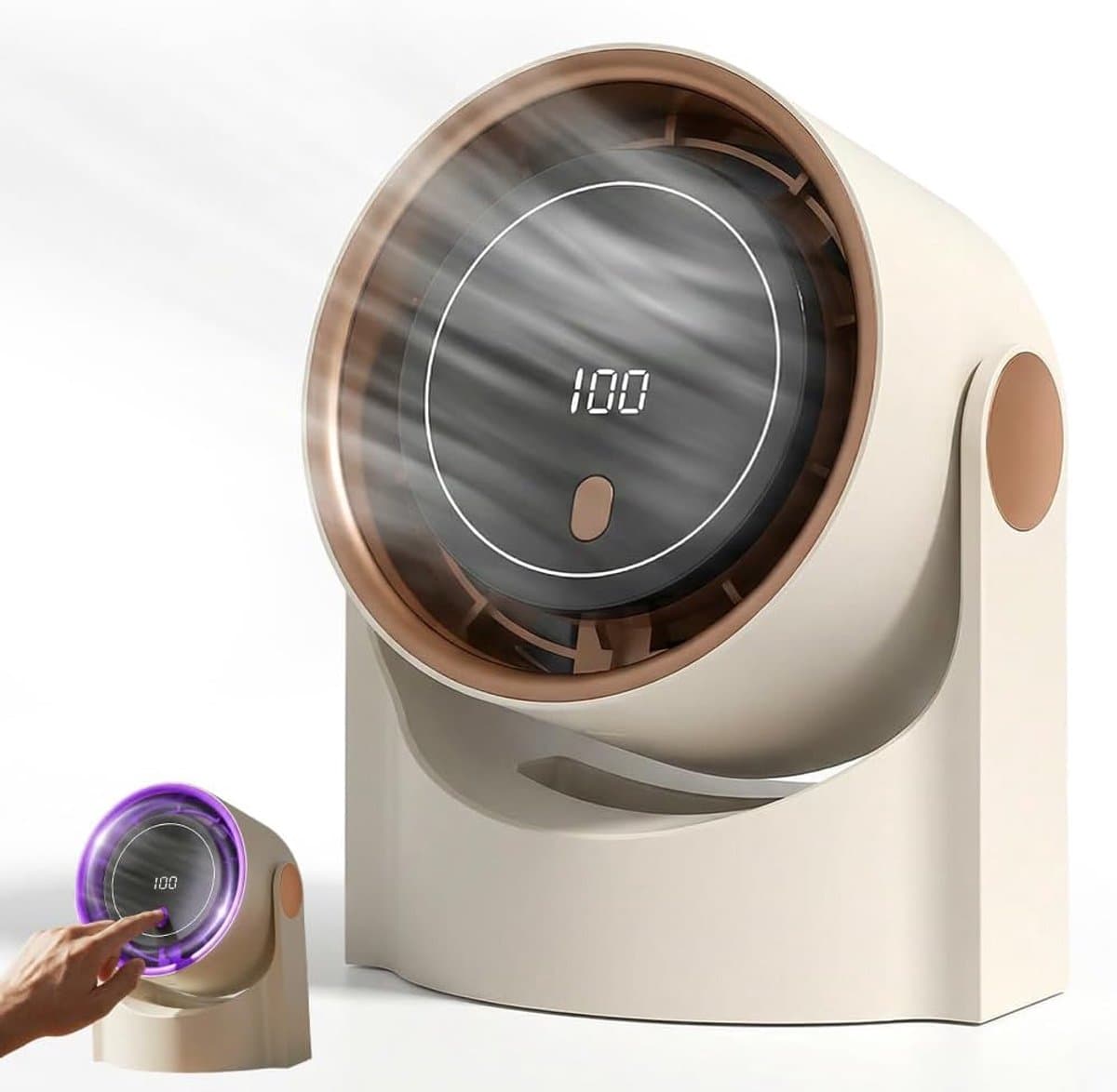 Oplaadbare bladloze ventilator via USB, 100 windsnelheden met digitaal display, stille bureauventilator, 12‑uur batterijduur, geschikt voor kantoor, slaapkamer en studentenkamer, beige — afbeelding 1