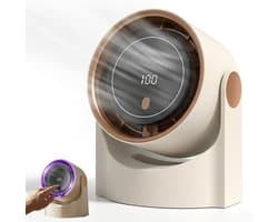 Oplaadbare bladloze ventilator via USB, 100 windsnelheden met digitaal display, stille bureauventilator, 12‑uur batterijduur, geschikt voor kantoor, slaapkamer en studentenkamer, beige