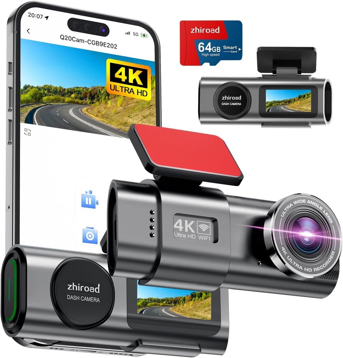 Thijox - 4K Dashcam Auto met WiFi, Afneembare Dashboard Camera, 170° Groothoek, G Sensor, Super Nachtzicht, 24U Parkeren Bewaking, 64G SD-Kaart, APP-B — afbeelding 1