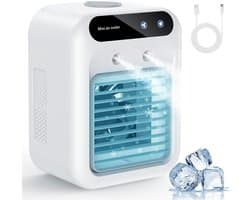 Mobiele Airco en Mini Luchtkoeler met Groot Watertank - 4-in-1 Kleine Aircooler met 3 Snelheden - Fluisterstille Tafelventilator met Waterverneveling voor Slaapkamer, Thuiskantoor en Camping - Wit
