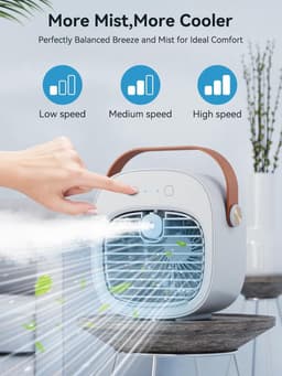 Draagbare airco – Oplaadbare mini-airco – Instelbaar in 3 snelheden – Stille tafelventilator – Persoonlijke luchtkoeler voor thuis, slaapkamer, reizen, kantoor en buitengebruik – Wit — thumbnail 3