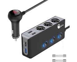 Thijox - Verbeterde QC 3.0 Auto Sigarettenaansteker met 120W DC, 3 Contactdozen en 4 USB Poorten voor Snel Opladen van iPhone, Android, GPS, Dashcam e