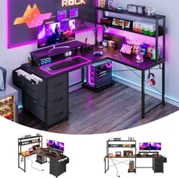 Parasha Nova Bureau - L-vormig bureau met opbergruimte - gamingbureau met LED-verlichting, computerbureau met stopcontact - hoekbureau met ladenkast en schermhouder — thumbnail 4