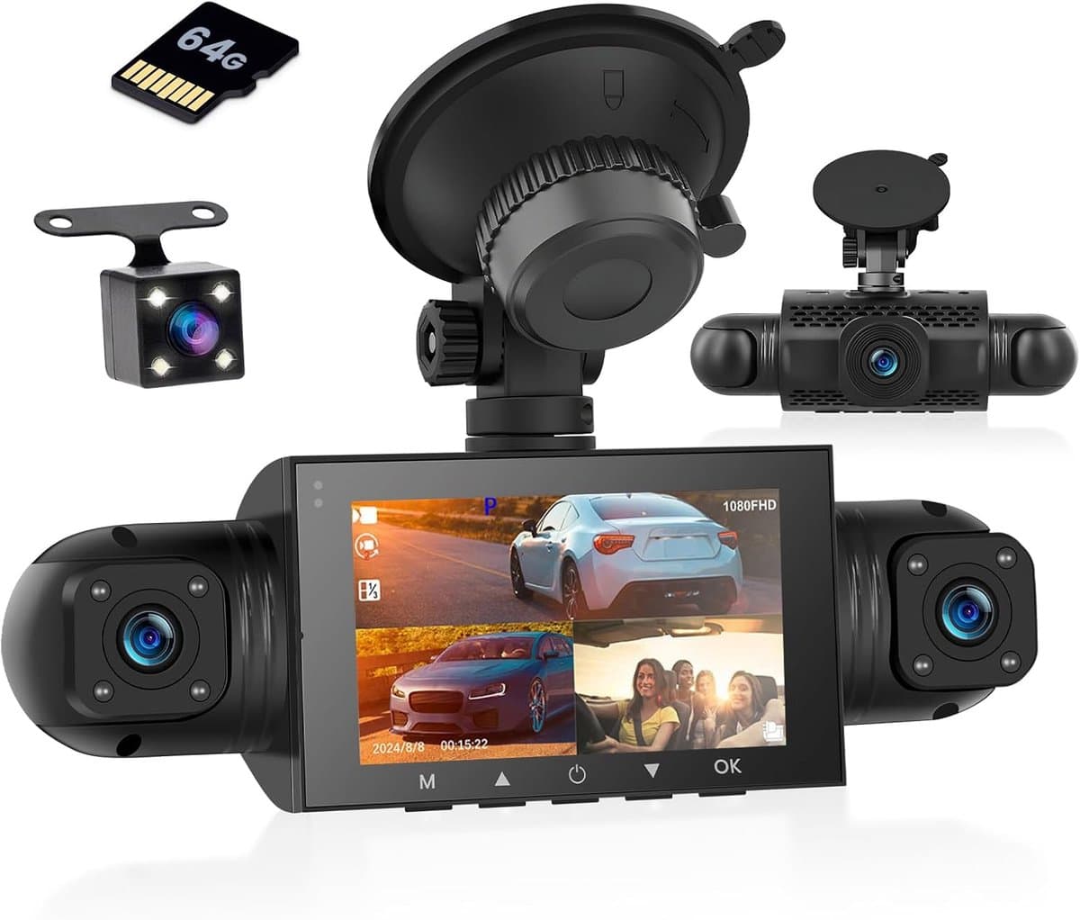 SnelShoppen - 1080P HD Dashcam voor Auto met 64GB TF-Kaart, Waterdichte Mini 3 Inch Camera, Nachtzicht, Loopopname, G-Sensor en 360 Graden Hoek — afbeelding 1
