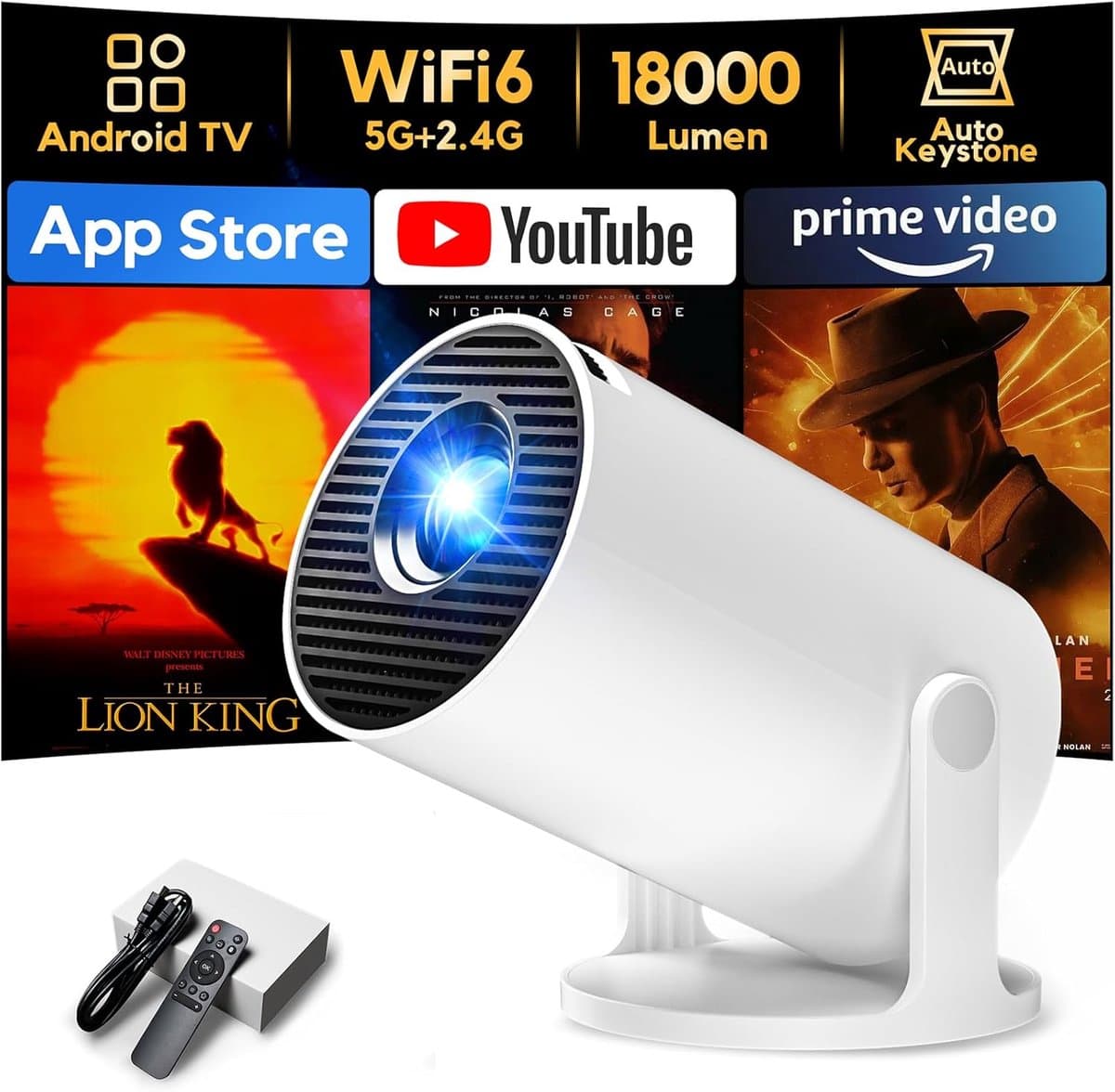 SnelShoppen - Mini Beamer 1080P met Android TV, WiFi 6 & Bluetooth 5.2, Compacte Projector met 180° Rotatiefunctie voor Feest, Camping en Thuisgebruik — afbeelding 1