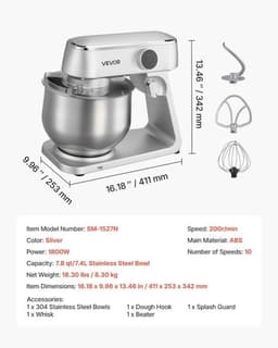 Keukenmachine – Keukenmixer – Keukenrobot – Foodprocessor – Mixer – 7,4L RVS Mengkom – 1800W Motor – 10 Snelheden – Inclusief Deeghaak, Garde En Platte Mengklopper — thumbnail 4