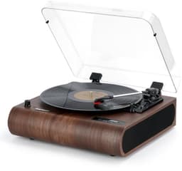 Platenspeler 3-snelheden Bluetooth draaitafel met ingebouwde luidsprekers, FM-radio, vinyl naar MP3-codering, USB/SD, LED-scherm, houten retro LP-speler, bruin — thumbnail 1