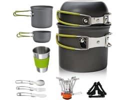 Complete Camping Servies Set, 10-delige Kookset van Aluminium, Draagbare Buitenkeuken, Opvouwbaar Bestek en Mini Campingfornuis voor Hiking, Vissen en Picknicks